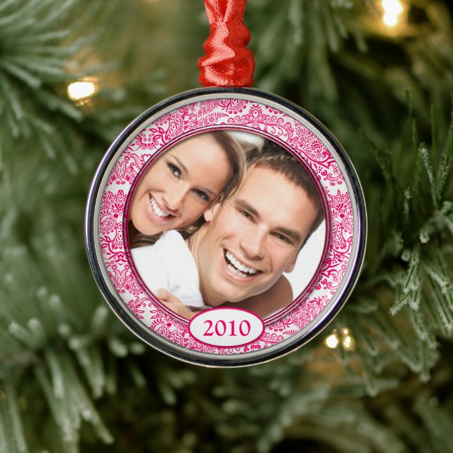 Pink Damask Love Birds Photo Christmas Ornament (Tree)