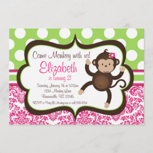 Pink Damask Mod Monkey Girl Birthday Party Invite