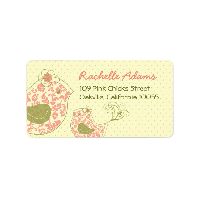 Pink Damask Mommy & Baby Girl Birds Chic Address Label (Front)