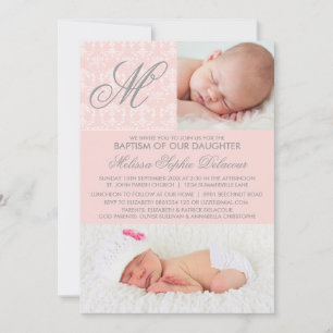 Pink Damask Monogram Baptism Photo Invitation