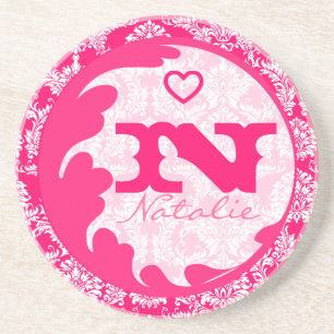 Pink Damask Monogram Personalized Coaster