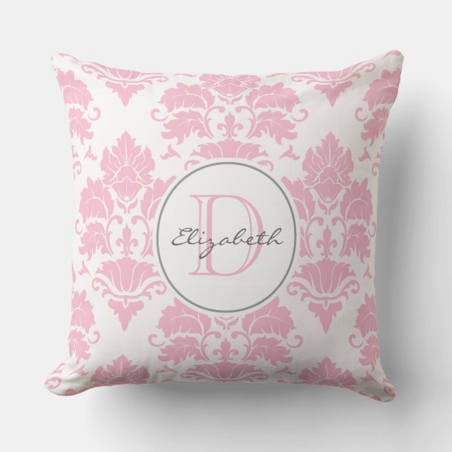 Pink Damask Monogrammed Pillow (Front)