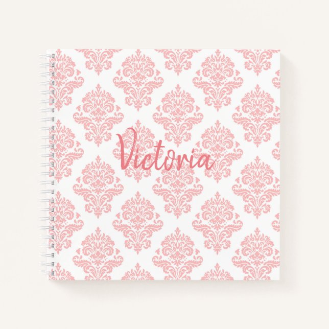 Pink Damask Name Script Pretty Notebook (Front)