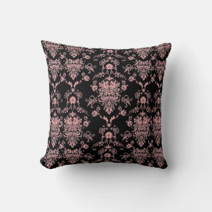 Pink Damask on Black Throw Pillow