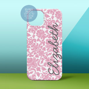 Pink Damask Pattern with Grey Name iPhone 15 Pro Case