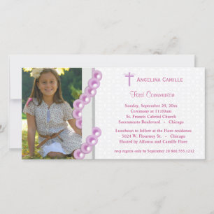 Pink Damask Pearls First Communion Photo Invite