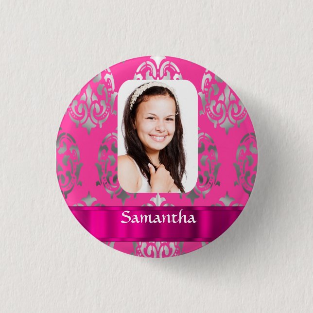 Pink damask personalized photo template 1 inch round button (Front)