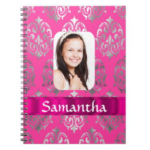 Pink damask personalized photo template notebook