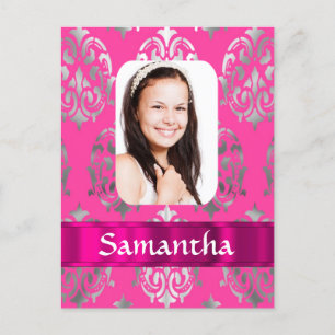 Pink damask personalized photo template postcard
