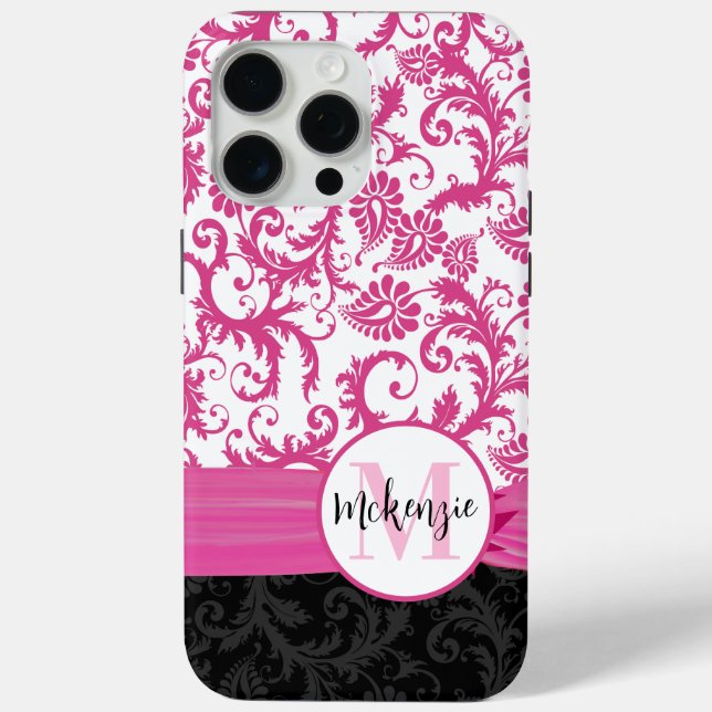 Pink Damask Personalized Printed Fleur de lis Case-Mate iPhone Case (Back)
