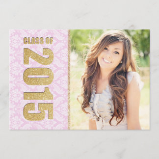 Pink Damask Photo Graduation Announcement