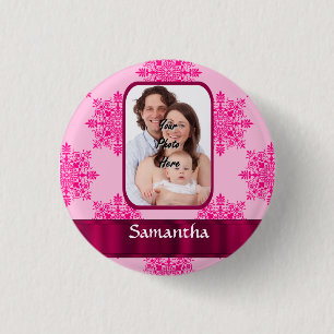Pink damask photo template 1 inch round button