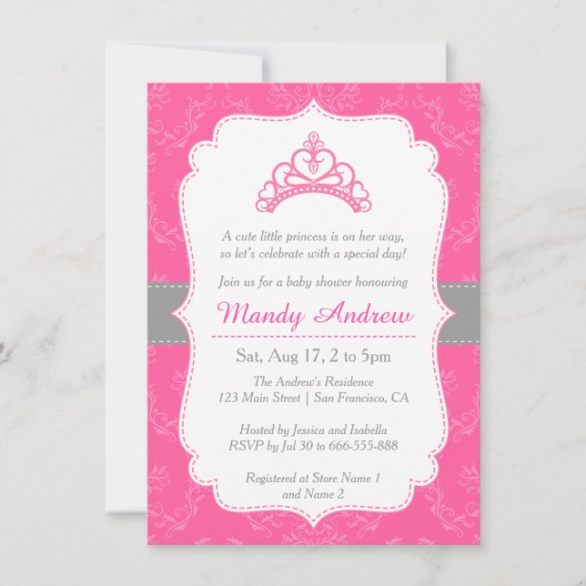 Pink Damask, Princess Crown, Girl Baby Shower Invitation (Front)