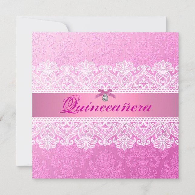 Pink Damask Quinceanera Birthday Invite (Front)