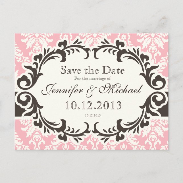 Pink Damask Save the Date Postcard (Front)