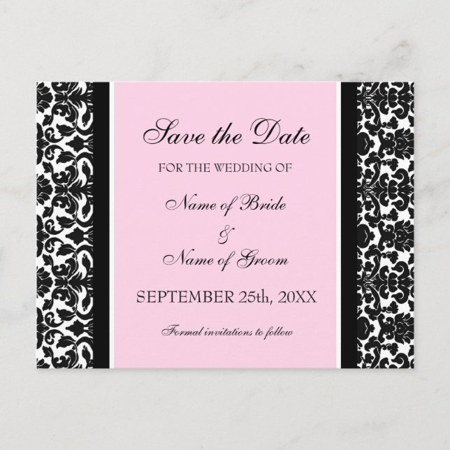 Pink Damask Save the Date Wedding Postcards (Front)