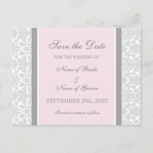 Pink Damask Save the Date Wedding Postcards