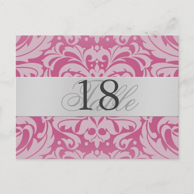 Pink Damask Silver Metal Table Number PostCard (Front)