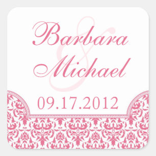 Pink Damask Square Wedding Stickers