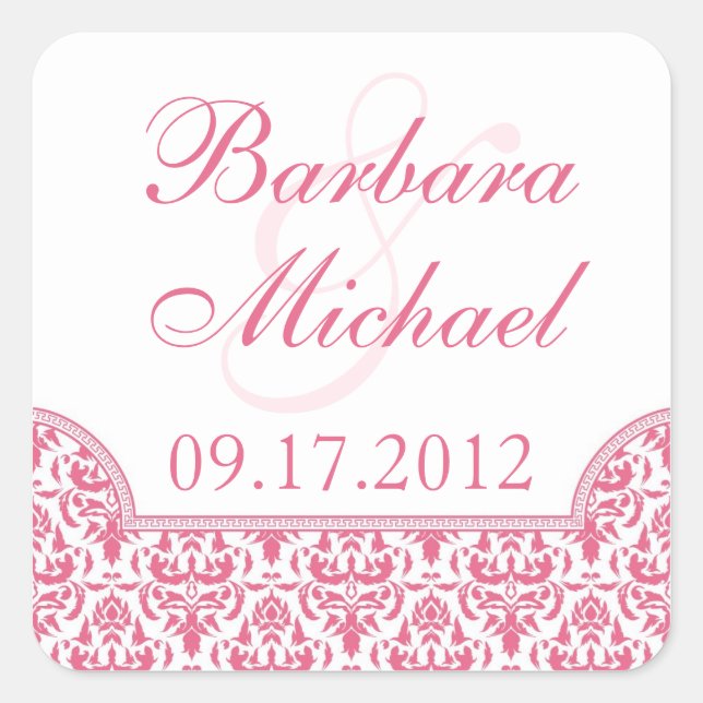 Pink Damask Square Wedding Stickers (Front)