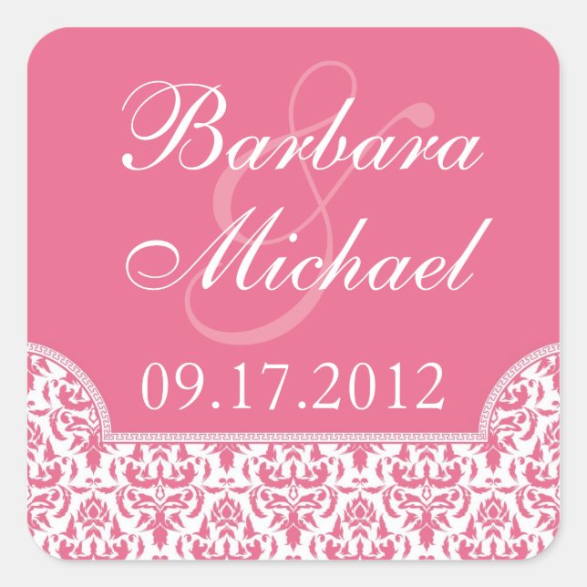 Pink Damask Square Wedding Stickers (Front)