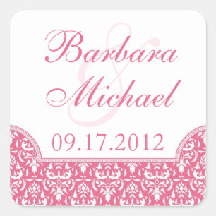 Pink Damask Square Wedding Stickers