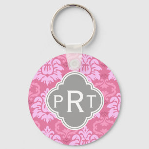 Pink Damask Trio Monogram Keychain