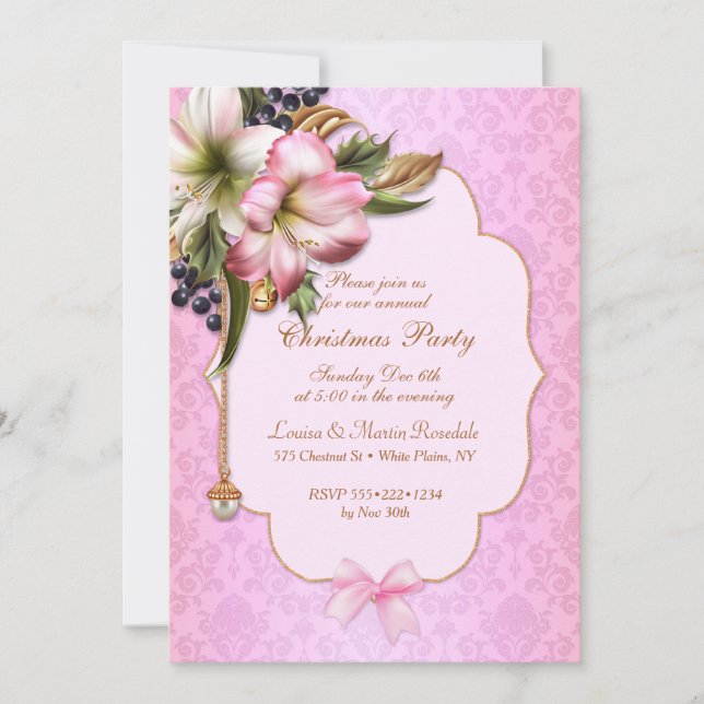 Pink Damask Victorian Floral Ornament Pearl Invitation (Front)