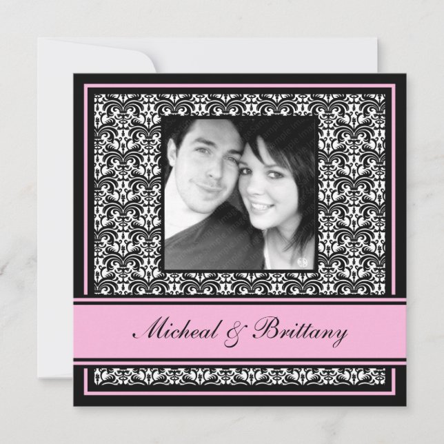 Pink Damask Wedding Engagement Announcement (Front)
