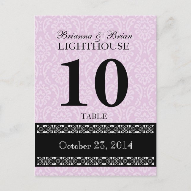 Pink  Damask Wedding Table Number Card Reception (Front)