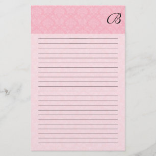 Pink Damask with Black Monogram and Lines Stationery