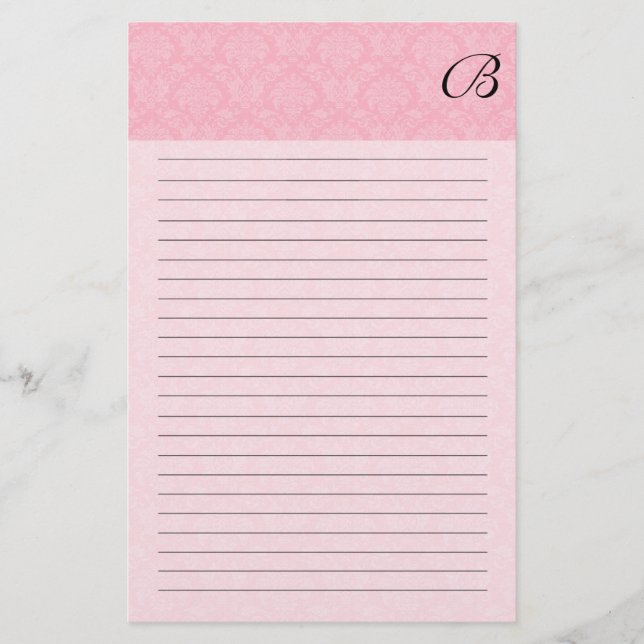Pink Damask with Black Monogram and Lines Stationery (Front)
