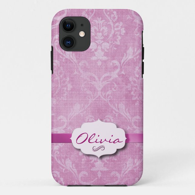 Pink Damask with nameplate Case-Mate iPhone Case (Back)