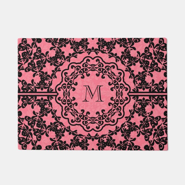 Pink Damasks And Black Floral Lace Doormat (Front)