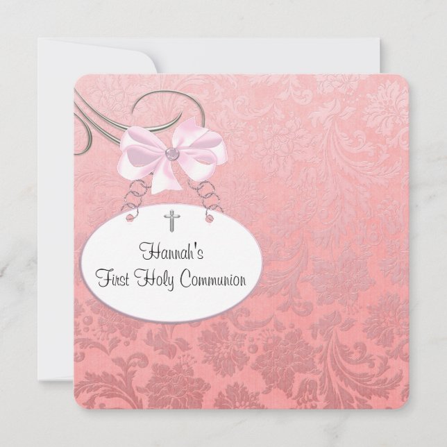 Pink Damaskt Cross Girls First Communion Invitation (Front)