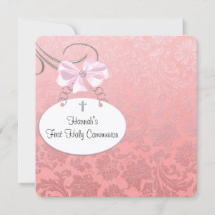 Pink Damaskt Cross Girls First Communion Invitation