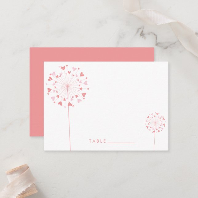 Pink Dandelion Flowers Love Hearts Summer Wedding Place Card (Front/Back In Situ)