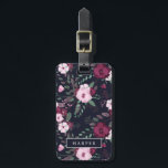 Pink & Dark Blue Rose Pattern Custom Name Address Luggage Tag<br><div class="desc">Dark blue luggage tag with a pattern of pink and dark violet roses.</div>