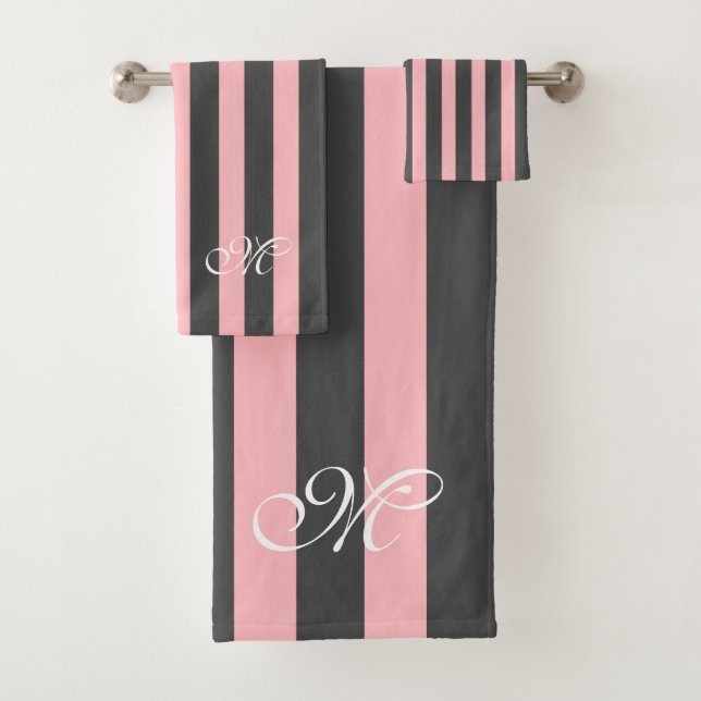 Pink Dark Grey Stripes Pattern Bath Towel Set (Insitu)