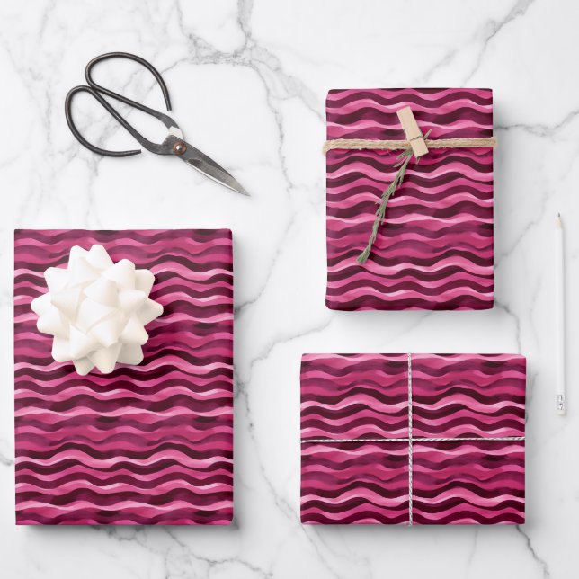 Pink & Dark Pink Watercolor Wavy Lines Wrapping Paper Sheet (Front)
