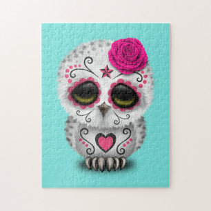 Pink Day of the Dead Baby Owl Jigsaw Puzzle