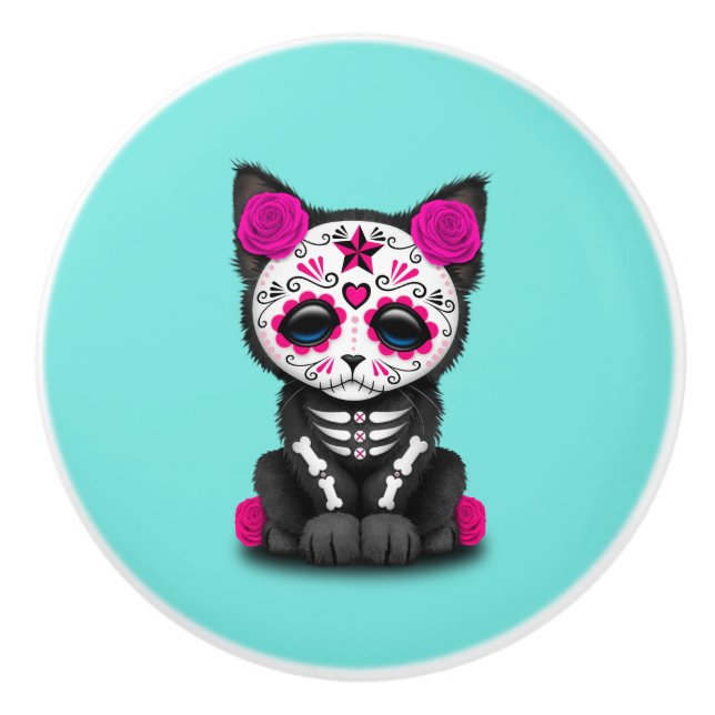 Pink Day of the Dead Kitten Ceramic Knob (Front)