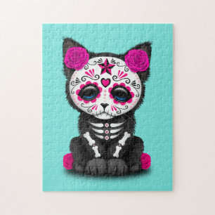 Pink Day of the Dead Kitten Jigsaw Puzzle