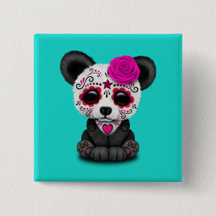 Pink Day of the Dead Panda Cub 2 Inch Square Button