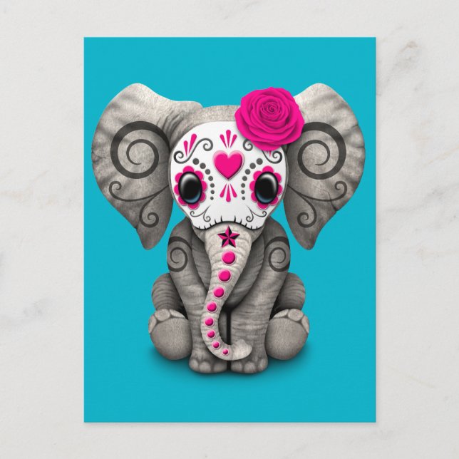 Pink Day of the Dead Sugar Skull Baby Elephant Postcard (Front)