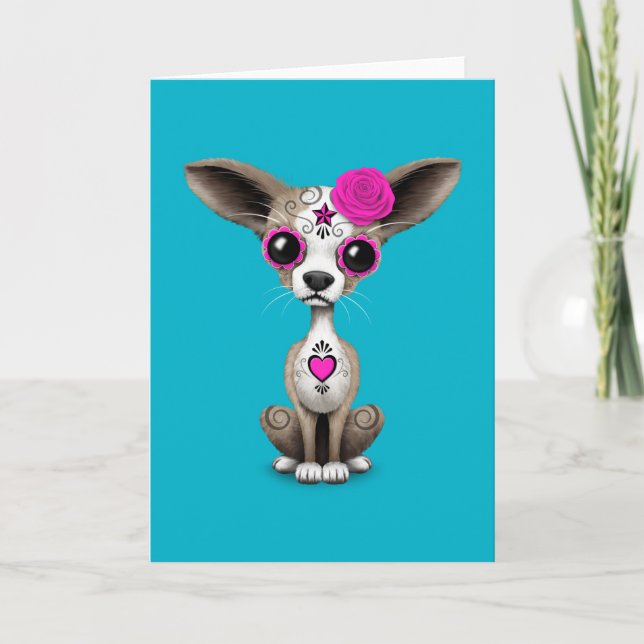 Pink Day of the Dead Sugar Skull Chihuahua Puppy Card (Front)