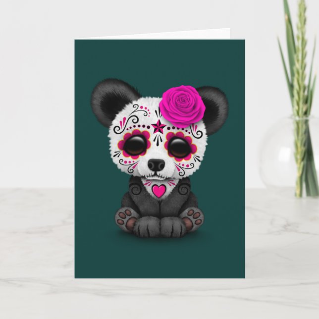 Pink Day of the Dead Sugar Skull Panda on Teal Card (Front)