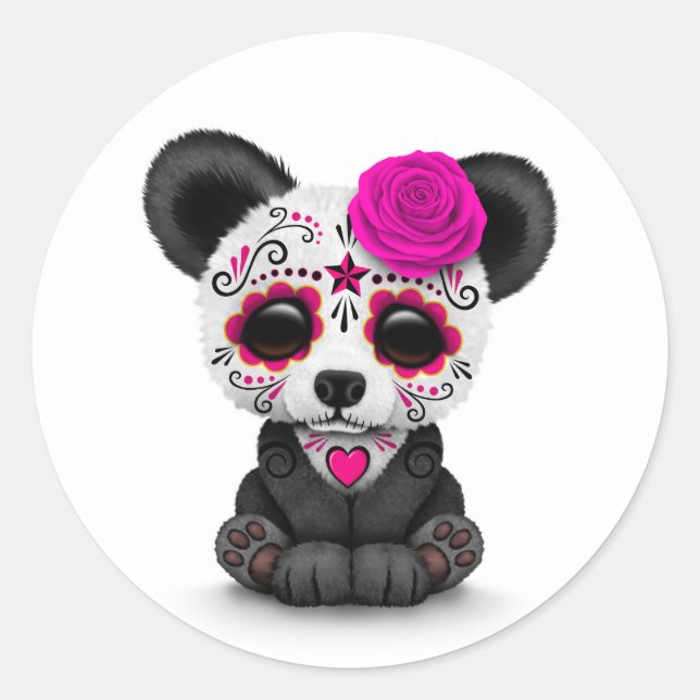 Pink Day of the Dead Sugar Skull Panda on White Classic Round Sticker (Front)
