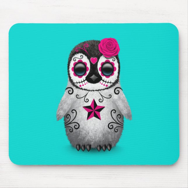 Pink Day of the Dead Sugar Skull Penguin Blue Mouse Pad (Front)
