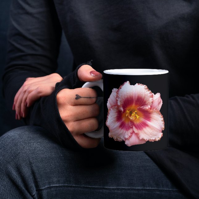 Pink Daylily Bloom on Black Floral Mug (In Situ Held)